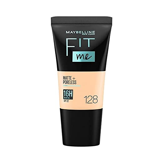 Maybelline New York Liquid Foundation, Matte & Poreless, Full Coverage Blendable Normal to Oily Skin, Fit Me, 128 Warm Nude