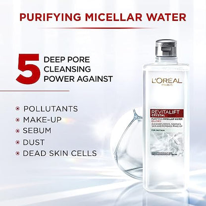 L'Oreal Paris Purifying Micellar Water, Cleanses pores and Removes Makeup, With Oil-Free Technology, Revitalift Crystal