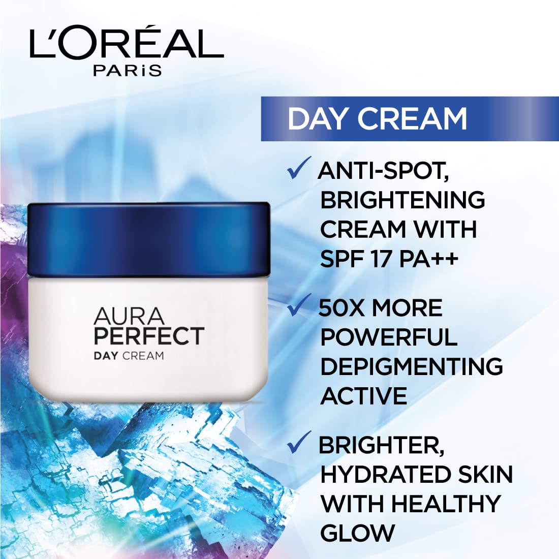 L'Oréal Paris Aura Perfect Day Cream, Moisturising and Brightening, With Vitamin C + Vitamin E + Tourmaline Gemstone