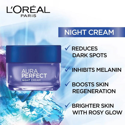 L'oreal Paris Aura Perfect Night Cream, Moisturising Radiant Glow + Even tone With Vitamin C + Vitamin E + Tourmaline Gemstone